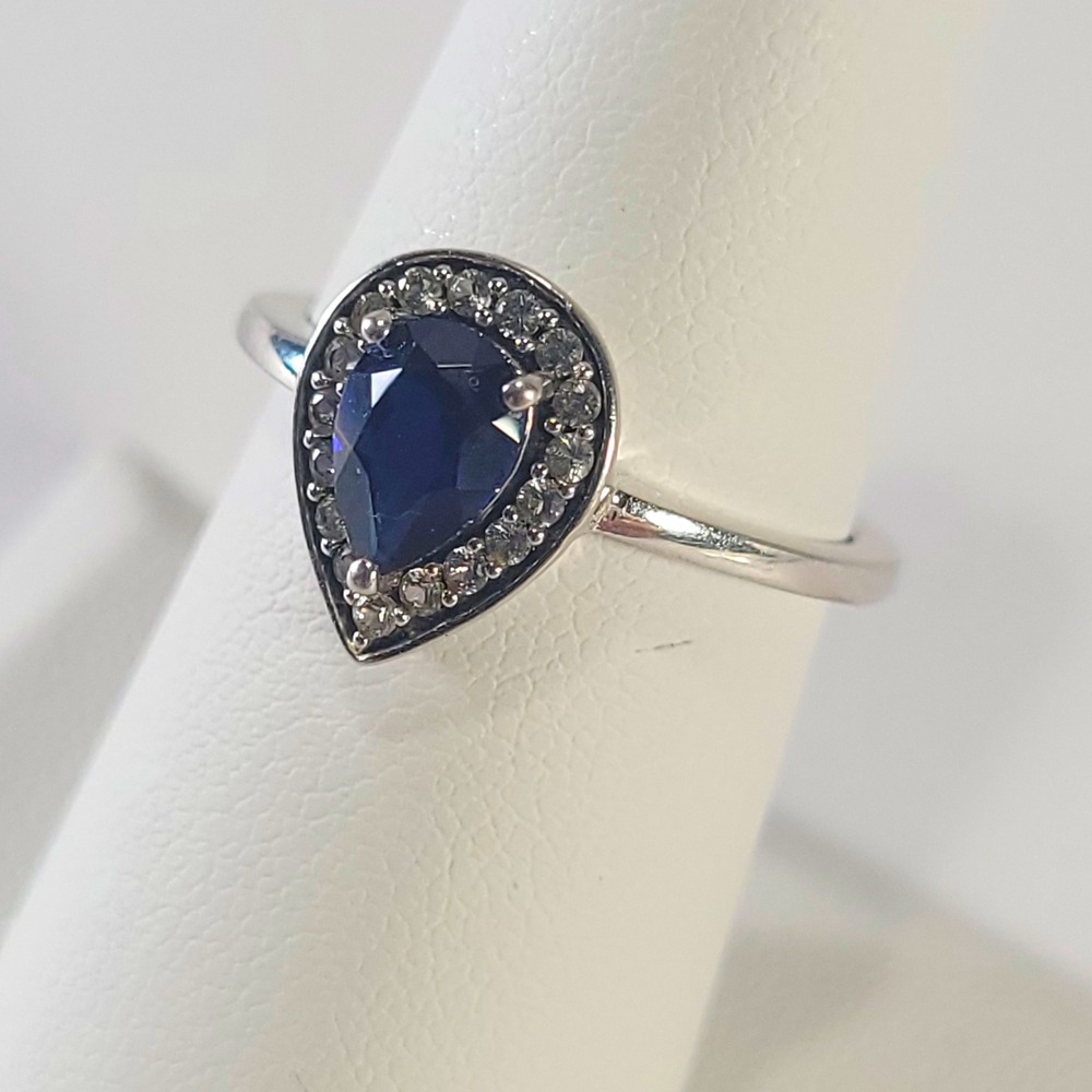 JWBR London Blue Topaz Ring Womens 925 Sterling Silver Pear Halo Diamond Accents